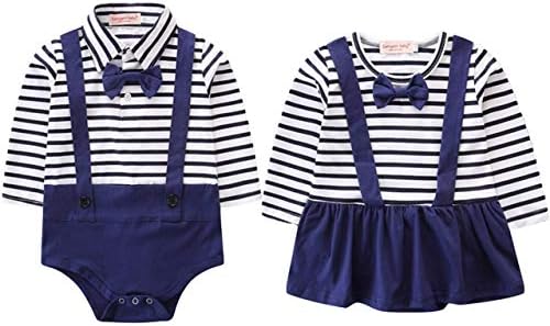Brother and Sisiter Matching Outfits Baby Boy and Girl Long Sleeve Striped Bowtie Bodysuit Birthday Shirt