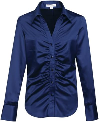 Womens Stylish Matte Satin Long Sleeve Flair Ruching Placket Woven Camille Shirt