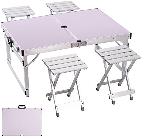 Camp Solutions Portable Folding Table Sturdy And Lightweight Aluminum Legs with 4 Folding Chairs, 3 Adjustable Heights feet, for Indoor/Outdoor Use,Camping Picnic, Party Dining, White