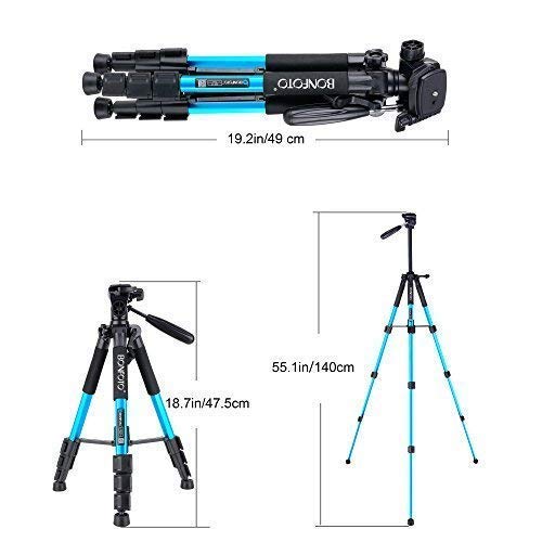 BONFOTO Q111 Portable Pro 55-inch Tripod Compact Lightweight Camera Stand with Phone Holder Mount and Quick Release Pan Head Plate for Smartphones Digital SLR Canon EOS Nikon Sony Samsung(Blue)
