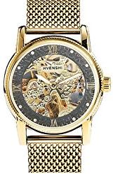 HVENSHI Golden Mens Skeleton Automatic Mechanical Roman Numerals Crystal Black Dial Wrist Watch YSW015G