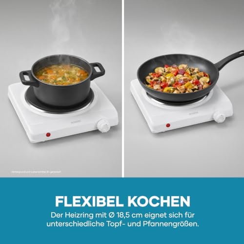 Kochplatte für Küche, Büro oder Camping, kleine Herdplatte mit stufenloser Temperatureinstellung, Campingkocher für einen Topf, weiß, single, 1.500 W, KP 1091