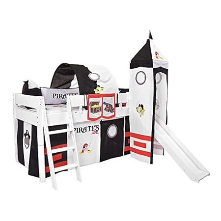 XXL Discount Kinderbett mit Rutsche Weiß mit Turm Stoff-Set, Weißes Kinderbett, Kinderbett 90 x 200 Weiß, Hochbett mit Rutsch