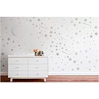 PapaKit Twinkle Little Stars & Moon Wall Decal (Brilliant Silver, 200 Assorted Stickers) Baby Nursery Child Kid Teen Girl Boy Room Home Decor | Creative Art Design Pattern | Safe Removable Adhesive