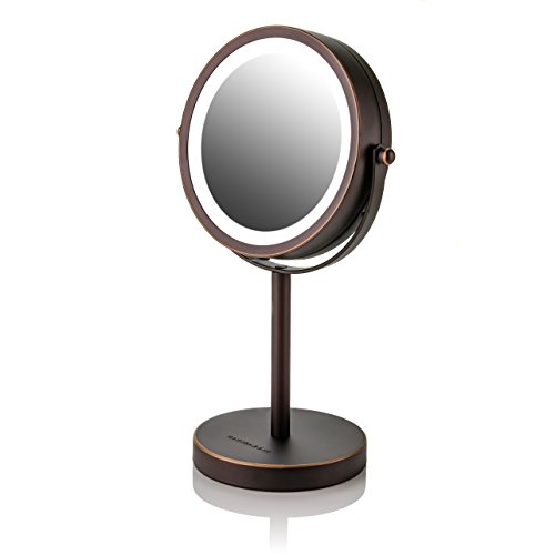 Ovente Lighted Tabletop Makeup Mirror, 6 Inch, Dual-Sided 1x/7x Magnification, Cordless, Battery Operated, Cool-Tone LED Lights, Antique Bronze (MLTBZ)
