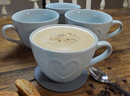 Giftag Set of 4 Country Heart Extra Large Cappuccino Coffee Cups, Duck Egg Blue 16oz, 450ml
