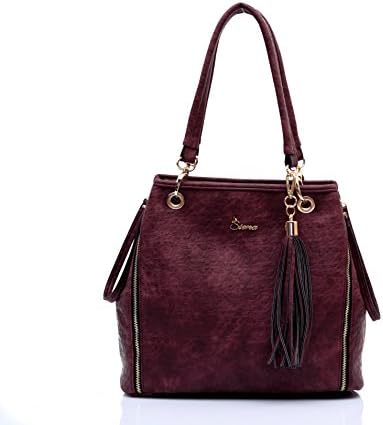 Siena Sophisticated Dual Shape Pebble Leatherette Tote with Tassel TT015 (Burgundy)