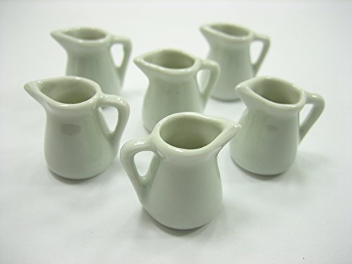 6 Mini White Sided Pitcher Dollhouse Miniatures Ceramic Water Jug Supply 13403