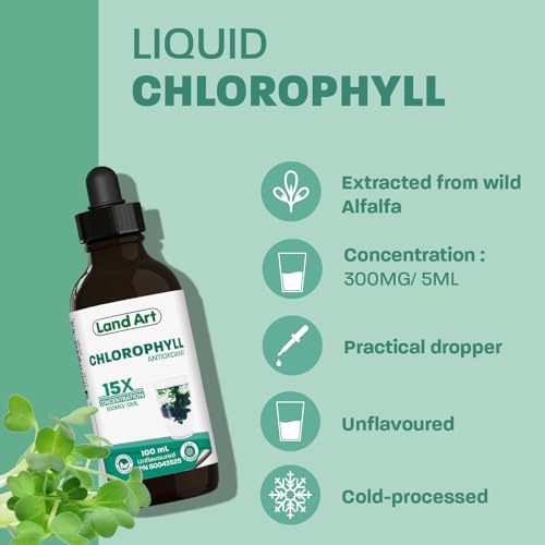 Liquid Chlorophyll Drops Unflavoured 15X Concentrated 100ml – Cold Extracted from Non-GMO Alfalfa - Detox - Alkaline - Natural Body Deodorant – Antioxidant - Made in Canada