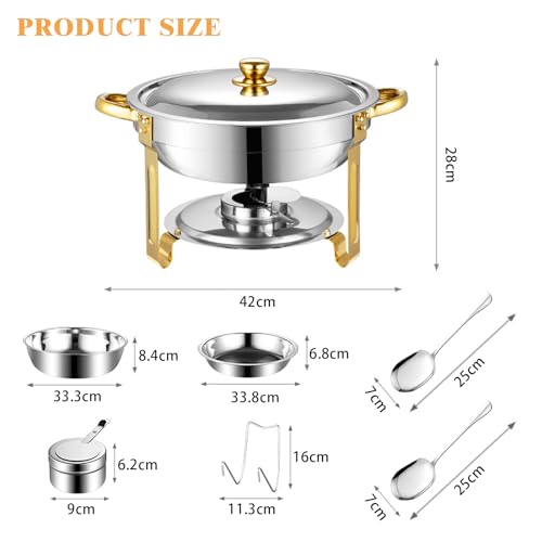 AUUCFW Chafing Dish Buffet Set, 4.5 Liter, Stainless Steel Buffet Set, Round Catering Warmer with Lid Water Tray Holder Fuel Rack Lid Shelf Spoon for Any Party(4 Pcs)