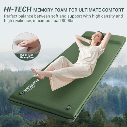 Elegear Colchoneta Camping Inflable Individual 8CM Espesor Extra, Verde | Espuma Memoria Colchón Autohinchable con Almohada, Impermeable & Plegable para Acampar Tienda Viaje en Coche Hogar