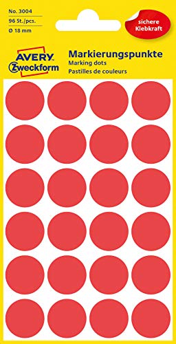 AVERY Zweckform 3004 selbstklebende Markierungspunkte 96 Stueck (Ø18mm, Klebepunkte auf 4 Bogen, Punktaufkleber zur Farbcodierung, runde Aufkleber fuer Kalender, Planer und zum Basteln, Papier) rot