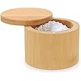 karmiero Salt Cellar, Bamboo Salt Container with Lid, Solid Salt Box Holder with 360° Swivel Lid for Countertop to Store Pepper Spice, Elegant Flaky Salt Containers Bowl on Your Kitchen, 6OZ