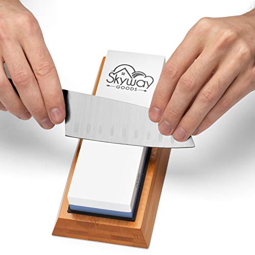 Skyway Goods Sharpening Knife Stone Set. Double Grit Whetstone 1000/6000, Angle Guide and Bamboo Base
