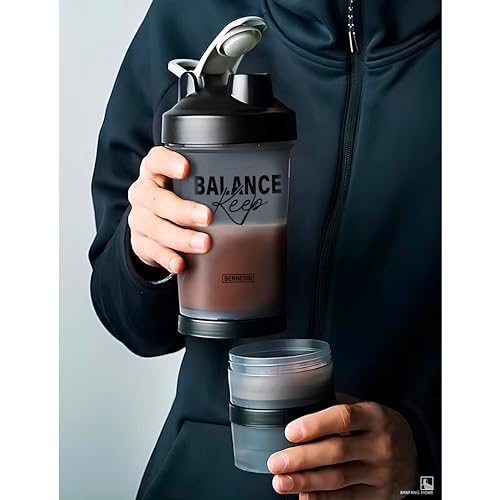 BERNESSI 500ml/17oz Protein Shaker Bottle with Leak-Proof for Protein Mixes & Shakes with Stainless Steel Ball, Protein Bottle Blender Cocktail Shaker Cup for Gym Fitness Home Pre Workout (Balance)