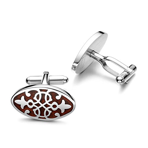 PenSee Mens Rare Cuff Link Stainless Steel &amp; Red Wood Cufflinks-Various Styles (Red Wood -Floral Pattern 2)