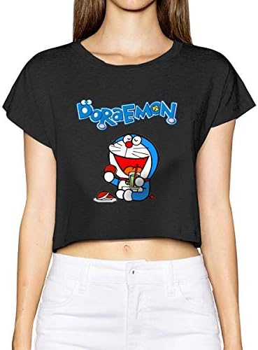 New Art Doraemon Logo Leak Navel Shirt O-Neck for Woman Black