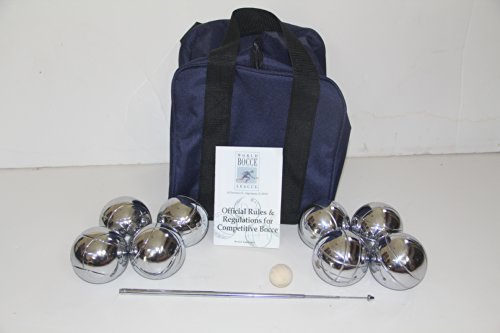 Unique 73mm Petanque/Bocce Pack - with 8 Silver Balls, high quality blue nylon case, rule book and extendable measuring device