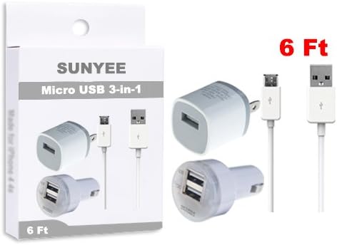 SUNYEE (TM) 3-in-1 Charging Set Inlcudes 2-Tone AC Travel Wall Charger + Dual USB Car Charger + 6 Feet. Micro USB to USB 2.0 Cable Charging Cord for Samsung Galaxy S3/S4/Note 2 and Other Smartphones (SUNYEE White)