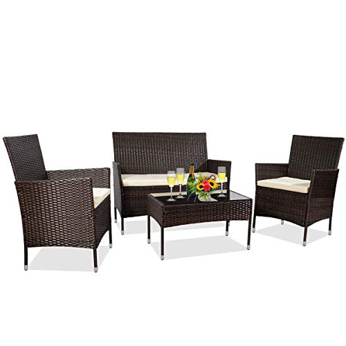 MIERES Patio Furniture Sets 4 PiecesSturdy Wicker Outdoor Indoor