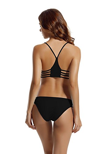 zeraca Women's Strap Side Bottom Halter Racerback Bikini Bathing Suits (XS2, Black)