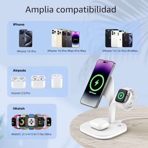 Cargador inalámbrico magnético, actualice la estación de carga MagSafe 3 en 1 con una lámpara LED compatible con iPhone 15/14/13/Pro/Pro Max/Mini, iWatch SE/9/8/7/6/5/4, Airpods 3/2/Pro/Ultra