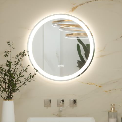 Keonjinn 50cm Rund Badspiegel mit Beleuchtung, Badezimmerspiegel mit Beschlagfrei Touch Schalter Speicherfunktion 3 Lichtfarben Dimmbarer LED Bad Spie