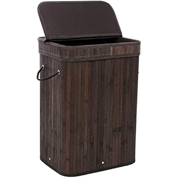 SONGMICS Bamboo Laundry Hamper Storage Basket Foldable Dirty Clothes Hamper with Lid Handles and Removable Liner Rectangular Dark Brown ULCB10B