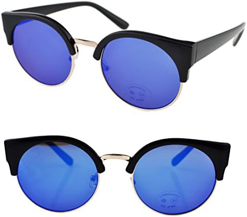 Women Retro Vintage Half Metal Frame Eyecat Sunglasses Small Round Mirrored Lense Blue Color Sunglasses 55mm