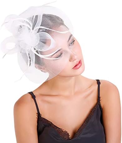 Fascinators Hat Hair Clip Hair Accessory Mesh Ribbons Feather Flowers Elegant Bride Headwear Cocktail Tea Party Wedding Derby Headpiece for Girls and Women,White