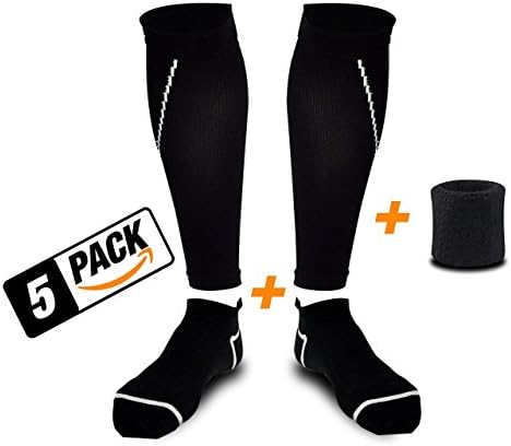 (SET OF 5) Compression Calf Sleeve + Athletic Socks + Wrist Sweatband - Best Leg Compression Socks - For Shin splint &amp; Pain Relief - For Men &amp; Women - Cycling , Runners , Air Travel and Nurses