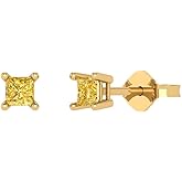 14K Yellow Gold Plated 925 Sterling Silver Push back Dainty Stud Earrings for Women - 0.5 cttw Princess Cut Simulated Yellow Diamond