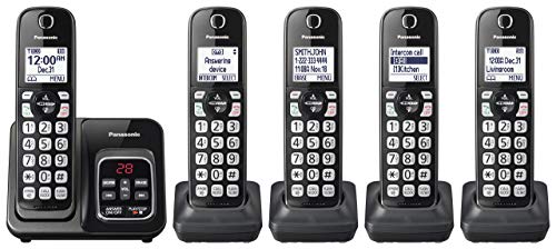 PANASONIC Expandable Cordless Phone System with Call Block and Answering Machine - 5 Cordless Handsets - KX-TGD535M (Metallic Black) (Renewed)