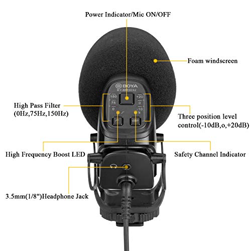 BOYA Camera Microphone Shotgun Mic with Low Cut Filter/Gain Camera Mic
