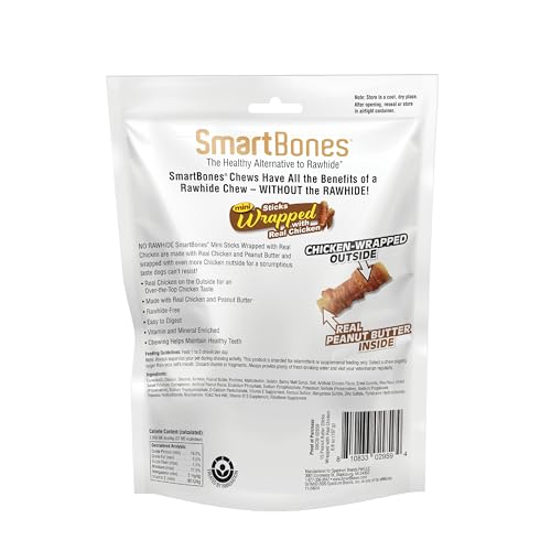 SMARTBONES MINI CHICKEN-WRAPPED STICKS FOR DOGS WITH REAL PEANUT BUTTER, RAWHIDE-FREE DOG CHEW, 15 COUNT