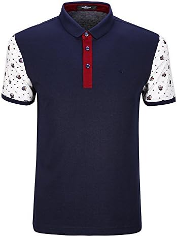 Seven Mens Printed Short Sleeve Patchwork Colorful Casual Polo Shirt (Navy Blue,L)