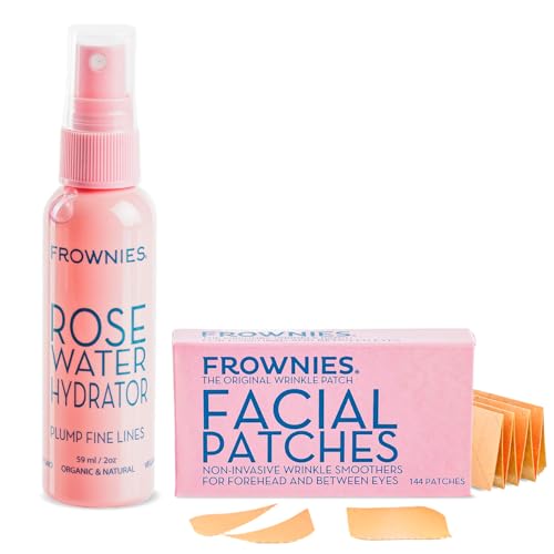Frownies Forehead and Between the Eyes Wrinkle Patches & Rose Water Hydrator Combo - Overnight Facial Wrinkle Patches and Rose Water Spray for Face - for All Ages And Skin Types, 2oz, 144 Patches