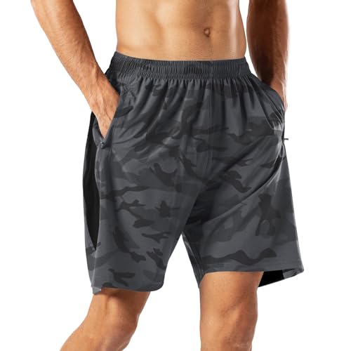 Hmiya Herren Sport Shorts Schnell Trocknend Kurze Hose Mit Reißverschlusstasch (Camouflage Grau,M)