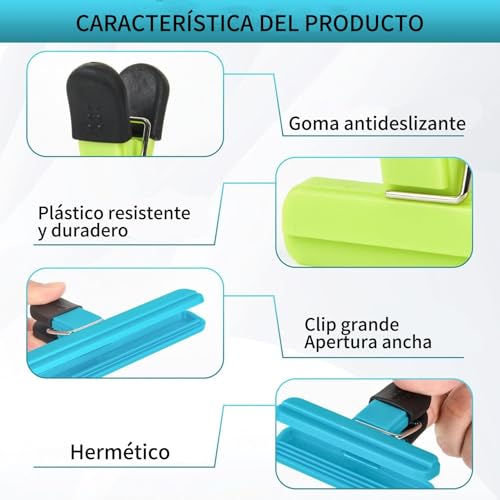 12 Pieces Clips para Bolsas de Alimentos, Pinzas para Cerrar Bolsas de Cocina Duradero, inclye 6 Clips para Comida grande de 15.5cm y 6 pequeña de 7,5 cm, Broches para Bolsas de Cocina Multicolor