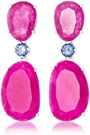 Solid Gold 14K Drop Earrings of Red Chalcedony and Blue Sapphire set in 14K White Gold with post back