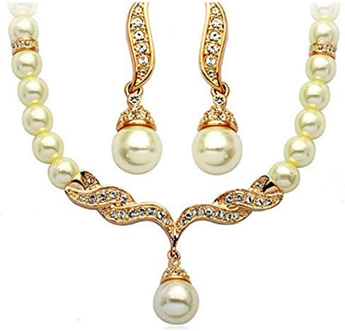 Egurs Pearl Necklace Earrings Set Women Water Drop Dangle Wedding Party Jewellery