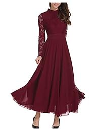 Aox - Vestido largo de gasa con estampado floral y manga larga para mujer