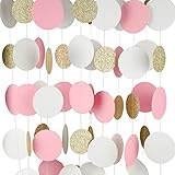 MerryNine Paper Garland, 5 Pack 50ft Glitter Paper Garland Circle Dots Hanging Decor, Paper Banner for Baby Shower, Birthday, Nursery Party Decor(Circle Polka Dots-Pink White Gold-50 Feet)