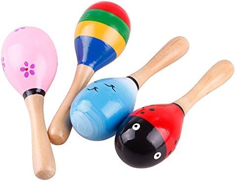 Mini Kids Wooden Fiesta Maracas,Rattles Shakers Percussion Kids Baby Musical Educational Toys, Random Color Pattern,Set of 4