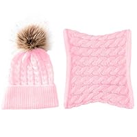 hitonsmusu 2Pcs Cute Pompom Yarn Knit Hat Winter Warm Beanie Hat Scarf Set for Toddlers Pink