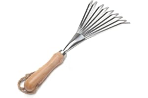 Gabasinover,9 Tines Fan Lawn Leaf Hand Rakes Stainless Steel Beech Handle Soil Tille Garden Shrub Rake Small Leaf Rakes for Sweep Leaves & Loose Debris in Garden, Lawns, Yards, 14.5",