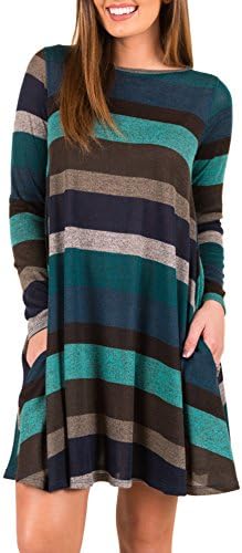 ESDAMIER Women's Crew Neck Long Sleeve Stripe Swing Tunic Dress with Pocket(Blue,XL)