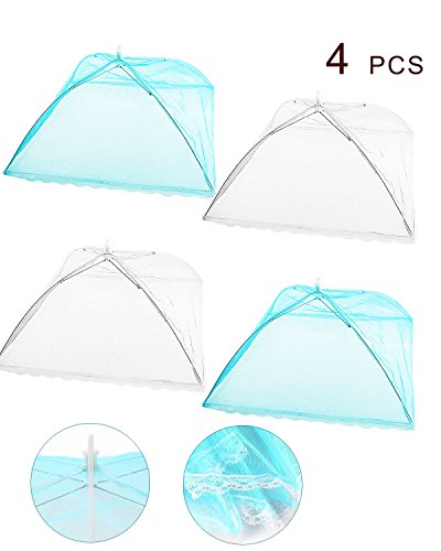 SBYURE 18"x18" Large Size Color Pop-Up Mesh Food Cover Tents Umbrella for Outdoors, Screen Tents Protectors For Bugs, Parties Picnics, BBQs, Reusable and Collapsible,4PACK(whitex2,bluex2)
