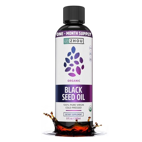 Zhou Organic Black Seed Oil - Black Cumin Seed Oil Cold Pressed, Nigella Sativa, Pure Unrefined Blackseed Liquid, Premium Supplement for Health with Thymoquinone, Omega 3 6 9 - 8 Fl Oz (Pack of 1)