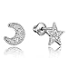 925 Sterling Silver Rhodium Plated Moon and Star Cubic Zirconia Screwback Baby Girls Earrings